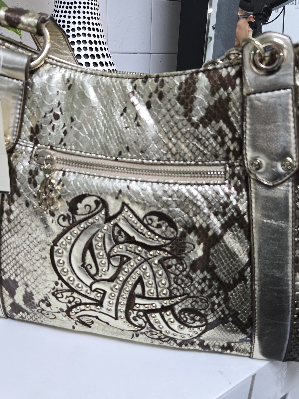Christian Audigier Gold and Brown Snake-Print Shoulder Bag with Studded Monogram